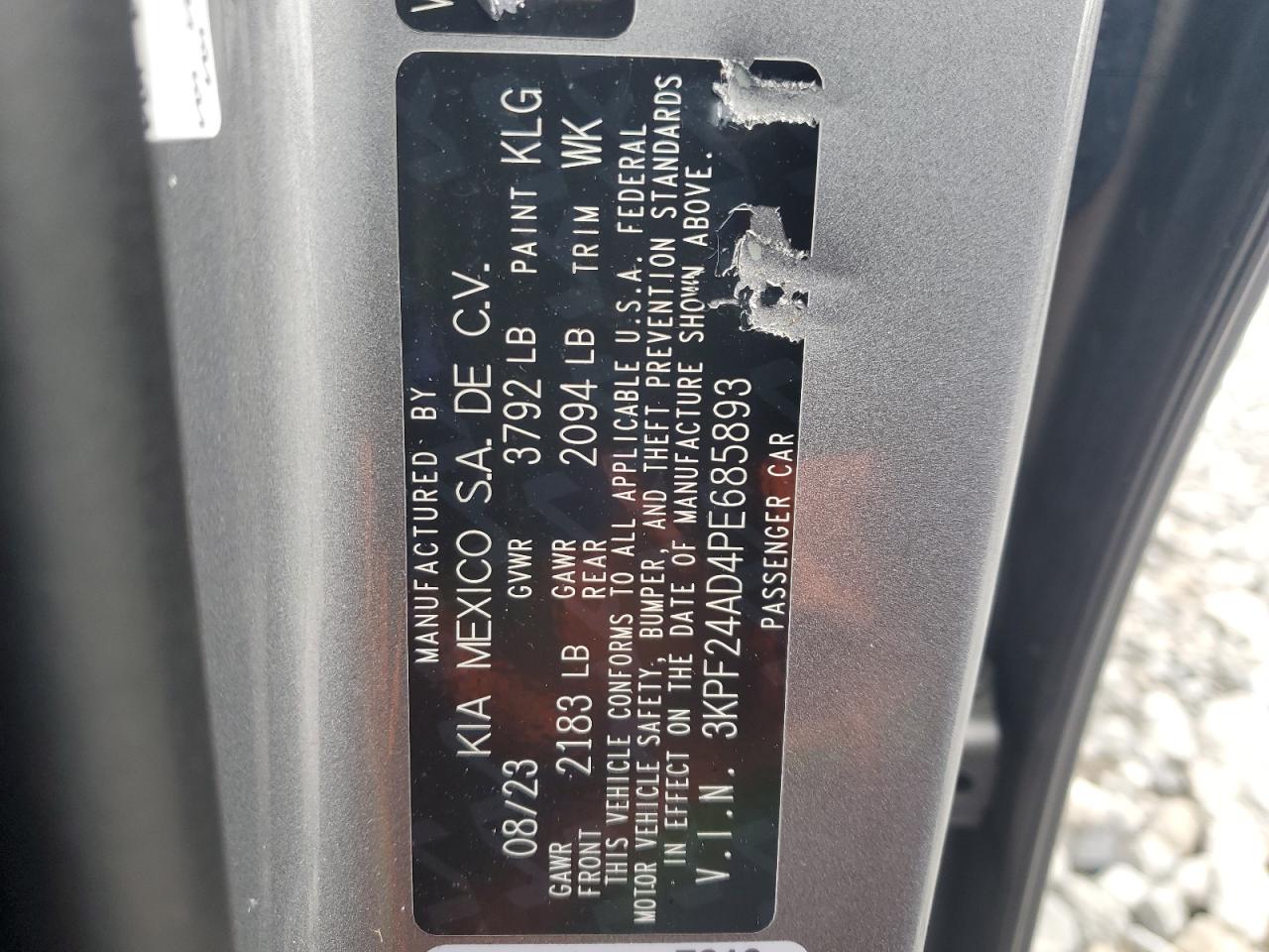 2023 KIA FORTE LX VIN:3KPF24AD4PE685893