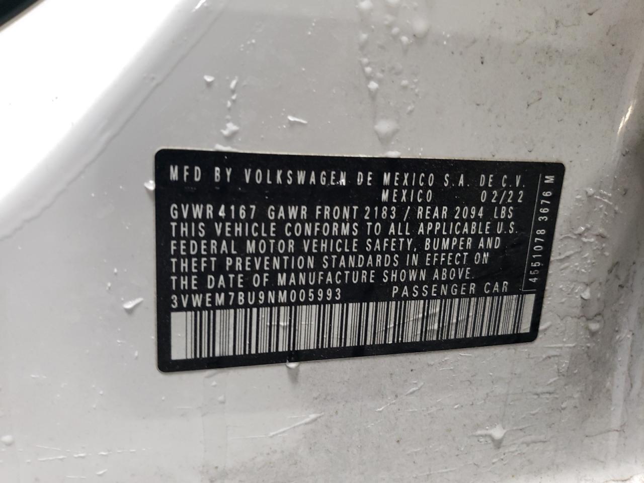 2022 VOLKSWAGEN JETTA SE VIN:3VWEM7BU9NM005993