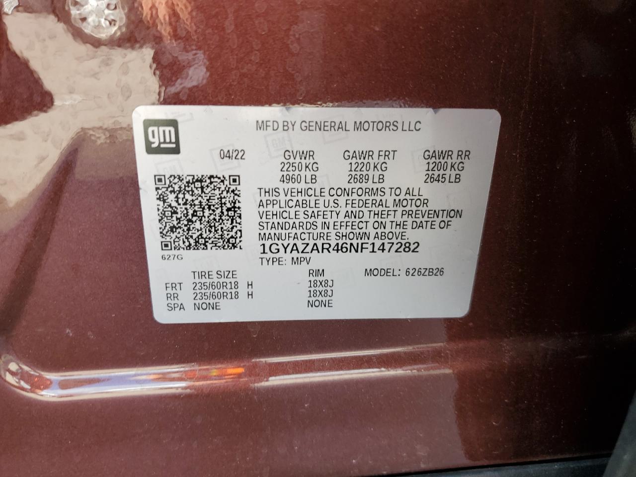 2022 CADILLAC XT4 LUXURY VIN:1GYAZAR46NF147282