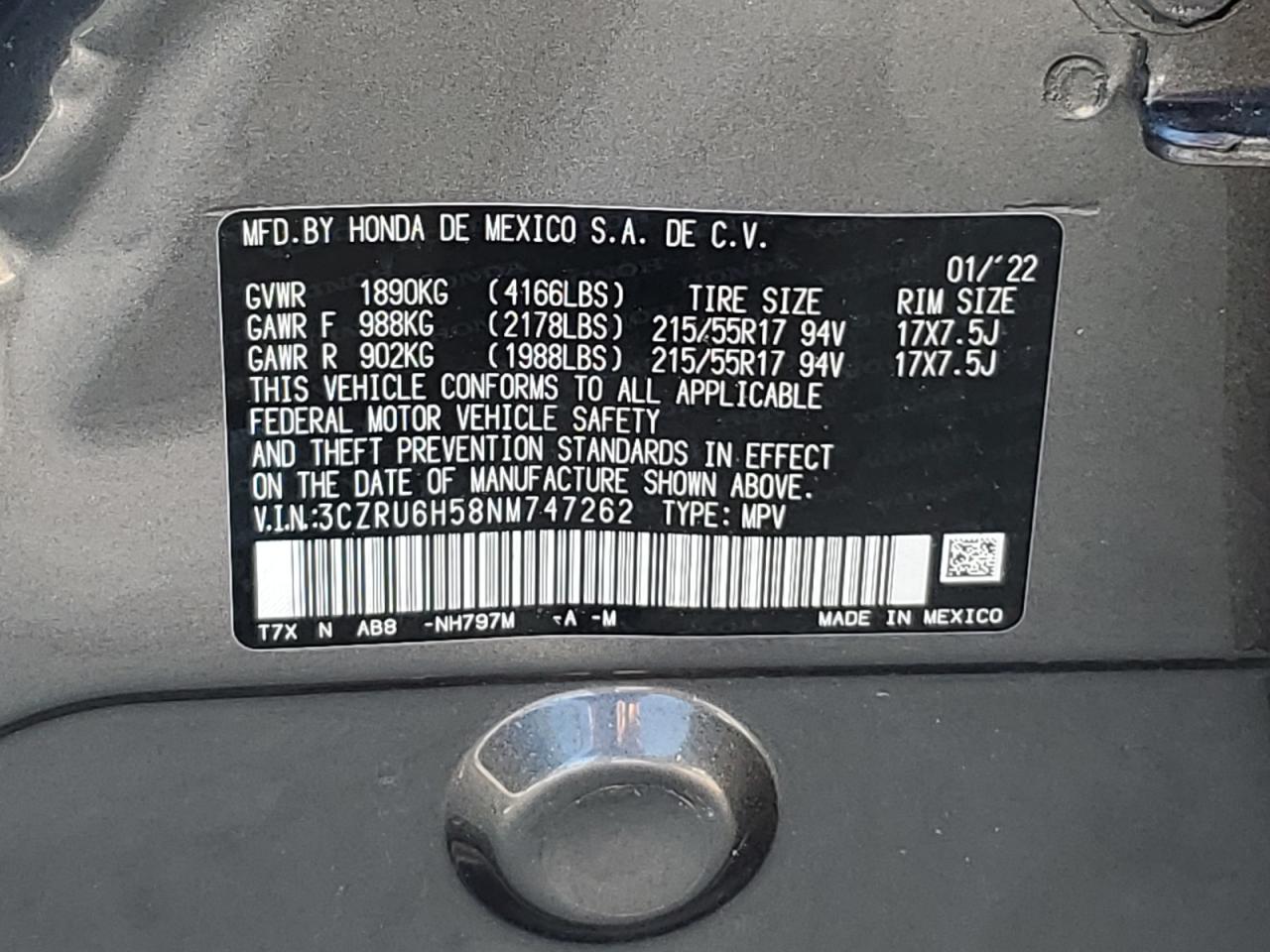 2022 HONDA HR-V EX VIN:3CZRU6H58NM747262