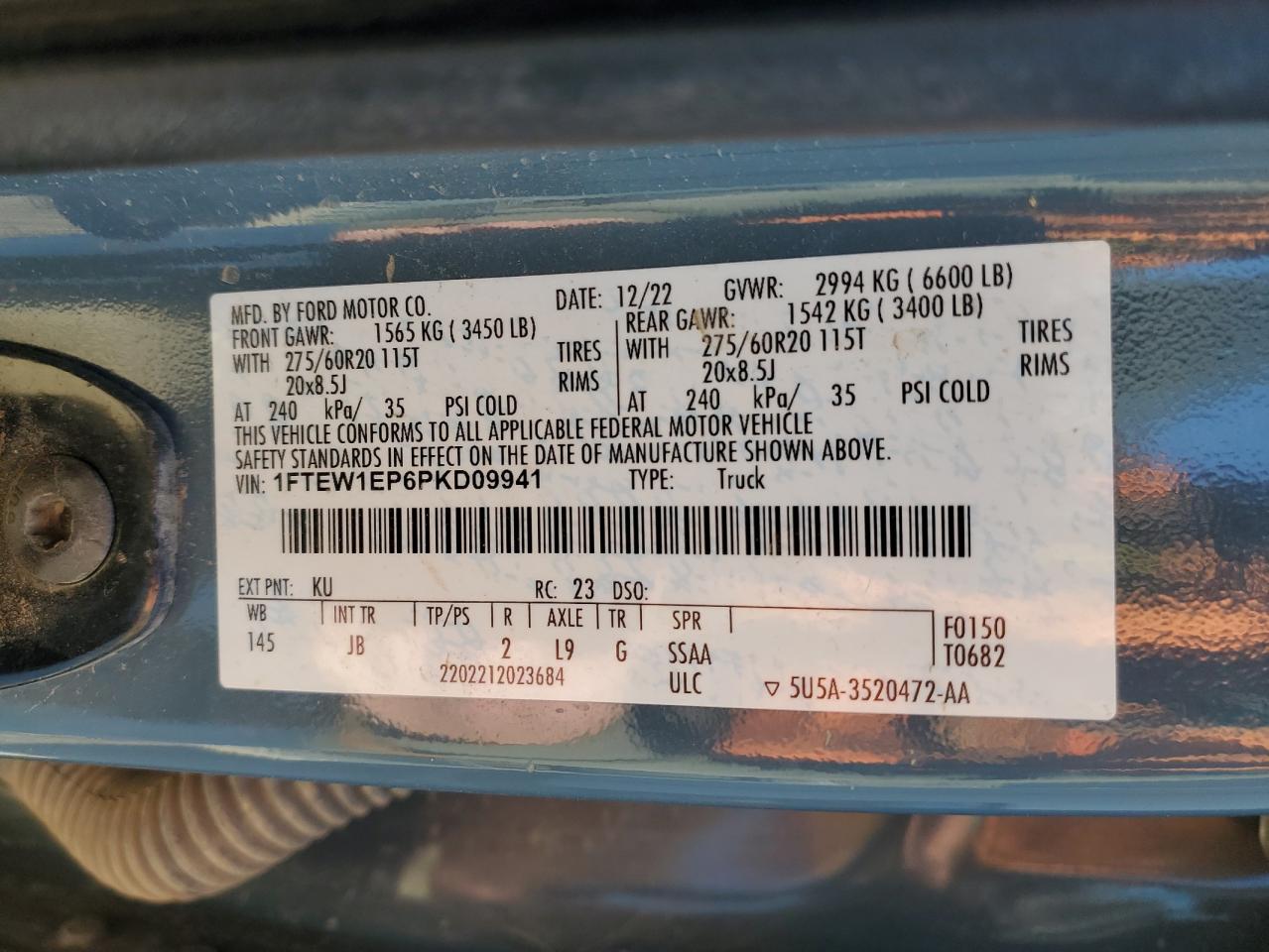2023 FORD F150 SUPERCREW VIN:1FTEW1EP6PKD09941