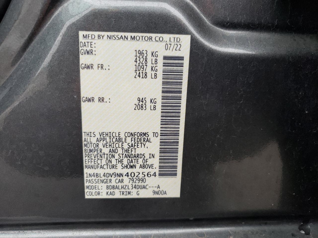 2022 NISSAN ALTIMA SV VIN:1N4BL4DV9NN402564