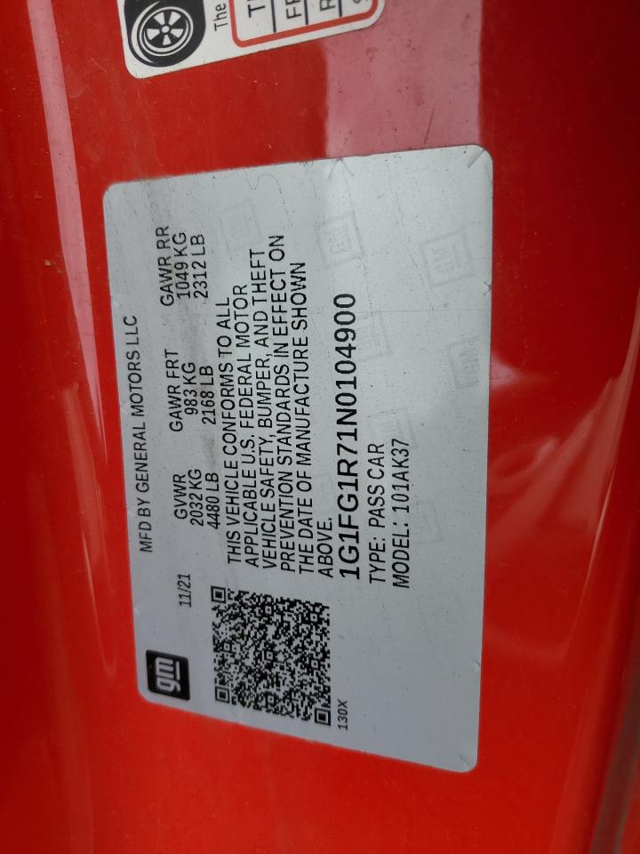 2022 CHEVROLET CAMARO SS VIN:1G1FG1R71N0104900