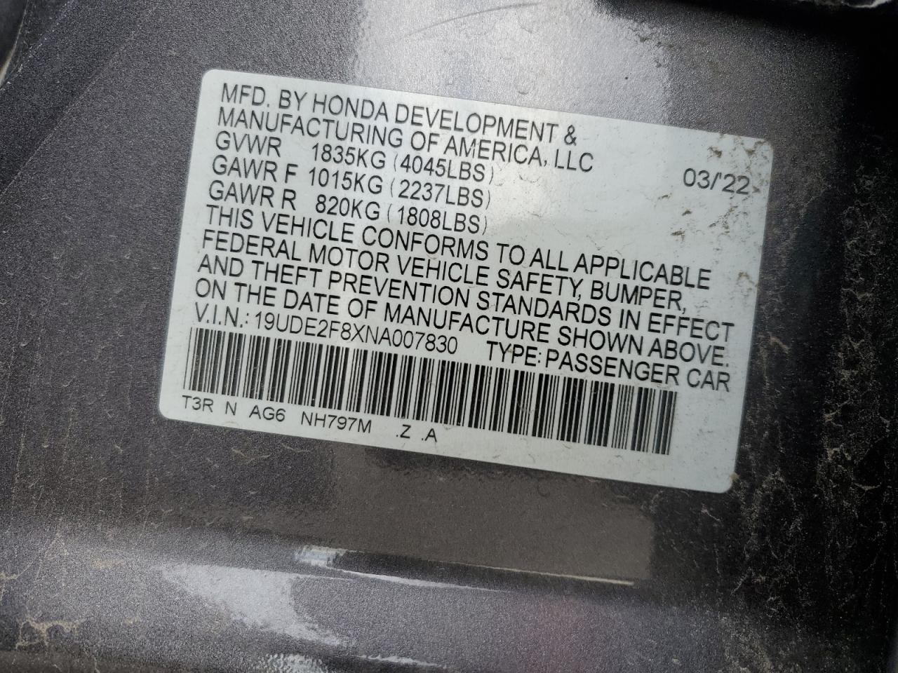 2022 ACURA ILX PREMIUM A-SPEC VIN:19UDE2F8XNA007830