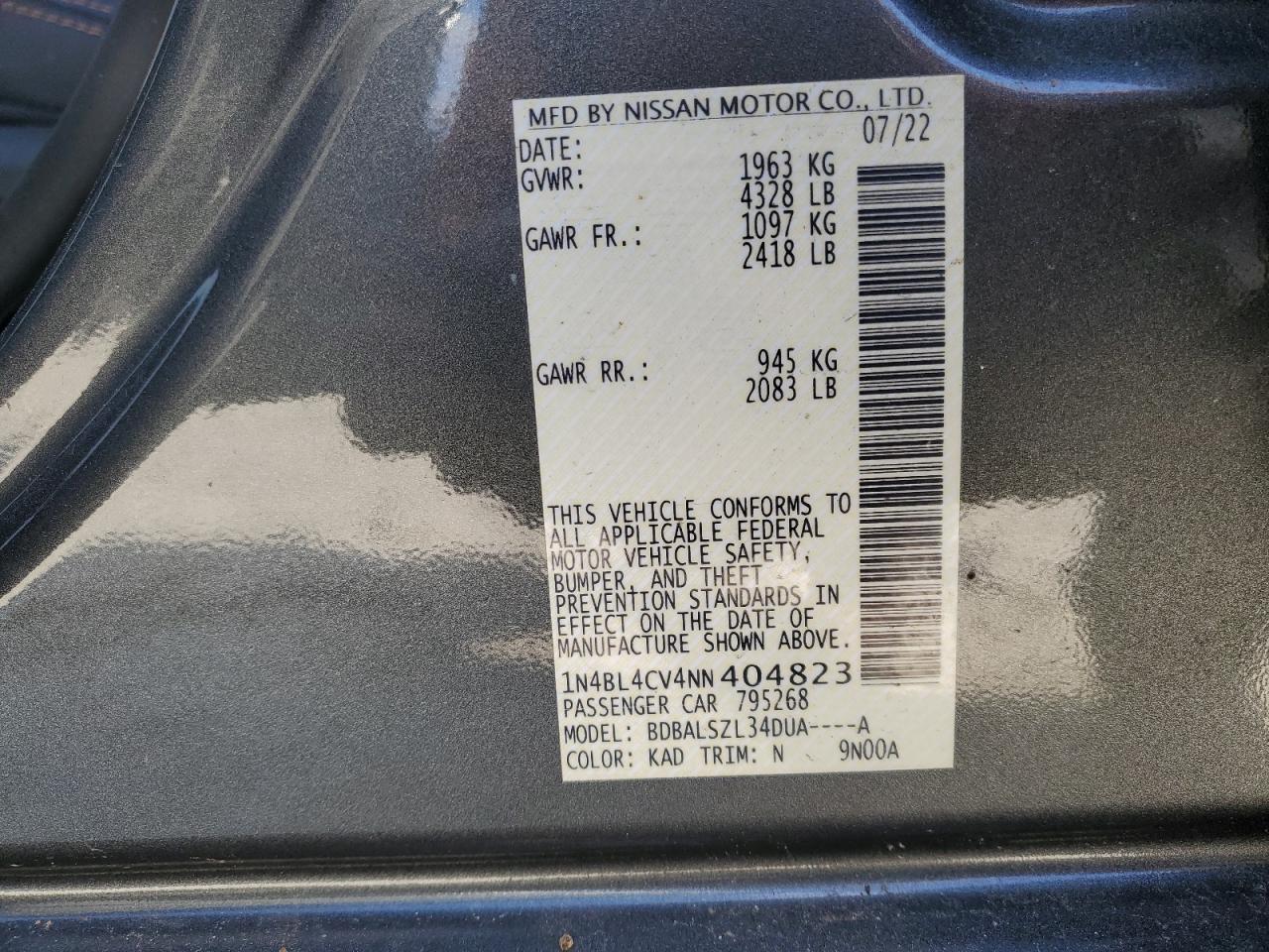 2022 NISSAN ALTIMA SR VIN:1N4BL4CV4NN404823
