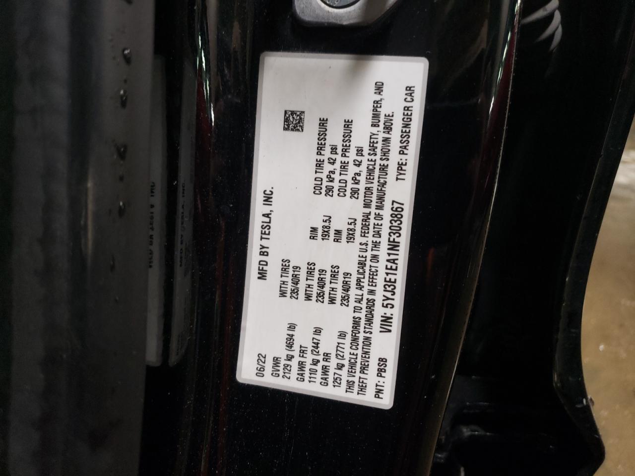 2022 TESLA MODEL 3  VIN:5YJ3E1EA1NF303867