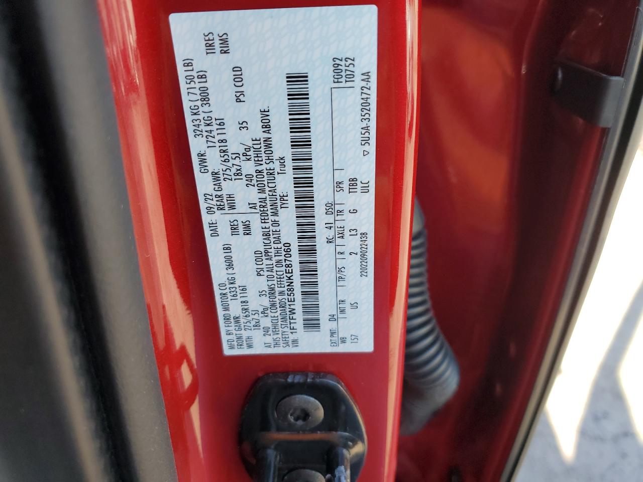 2022 FORD F150 SUPERCREW VIN:1FTFW1E58NKE87060
