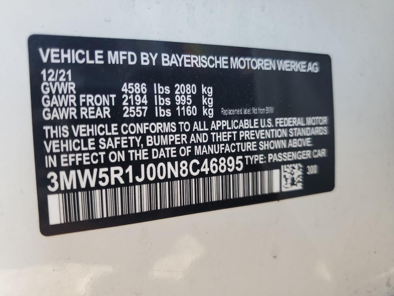 2022 BMW 330I  VIN:3MW5R1J00N8C46895