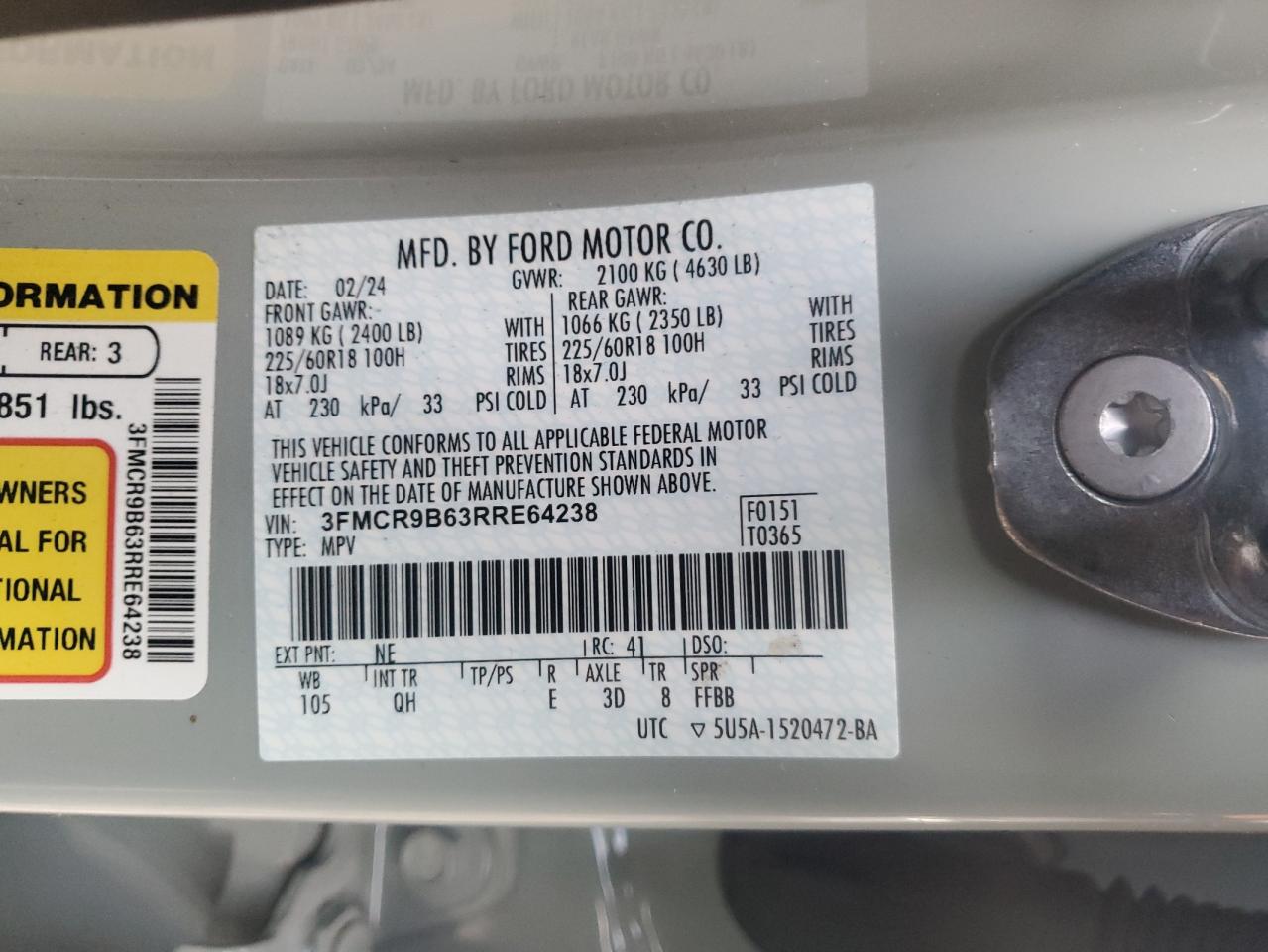 2024 FORD BRONCO SPORT BIG BEND VIN:3FMCR9B63RRE64238