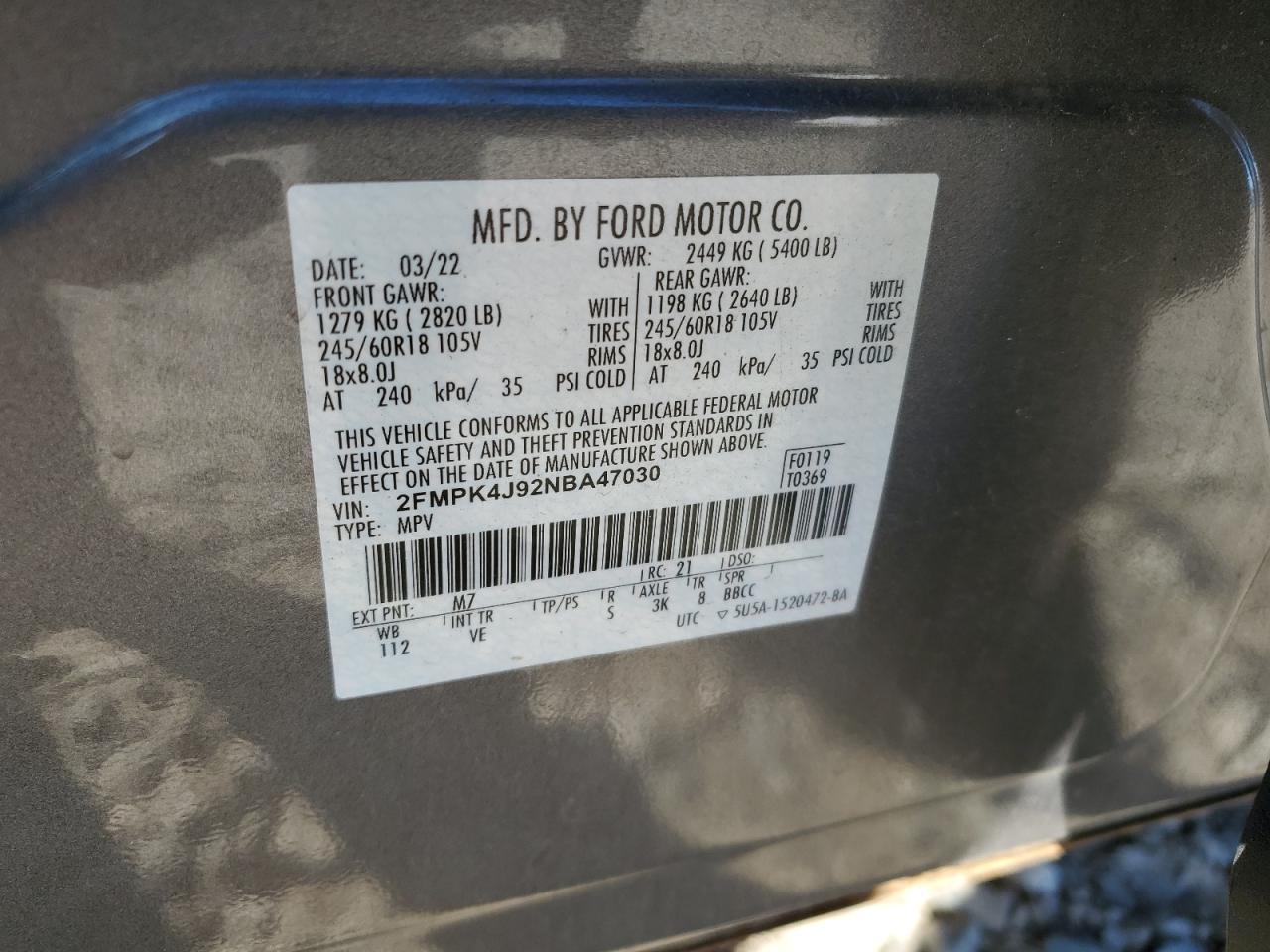 2022 FORD EDGE SEL VIN:2FMPK4J92NBA47030