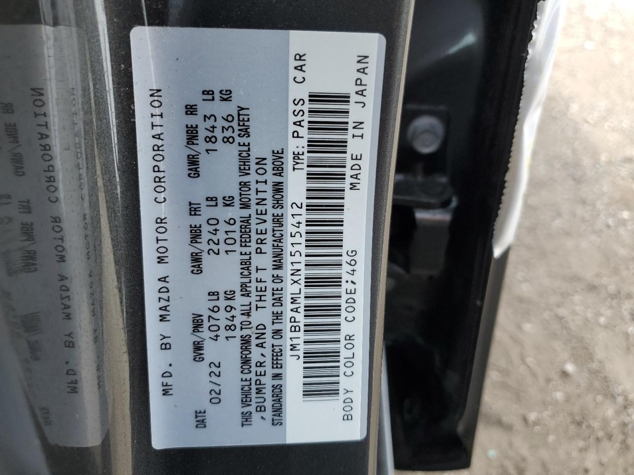 2022 MAZDA 3 PREMIUM VIN:JM1BPAMLXN1515412