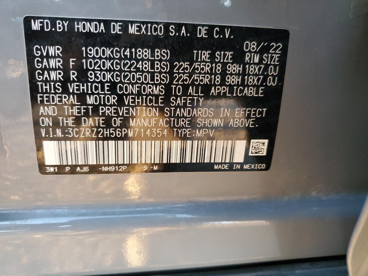 2023 HONDA HR-V SPORT VIN:3CZRZ2H56PM714354