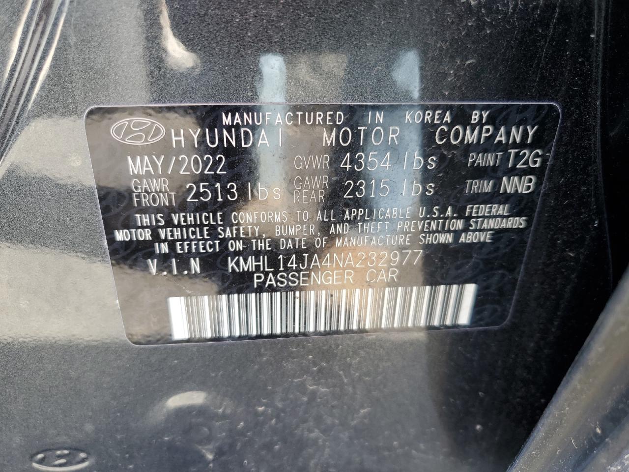 2022 HYUNDAI SONATA SEL VIN:KMHL14JA4NA232977