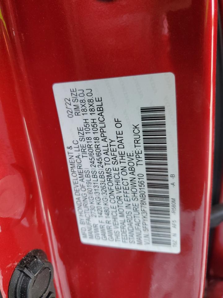 2022 HONDA RIDGELINE RTL VIN:5FPYK3F78NB015610