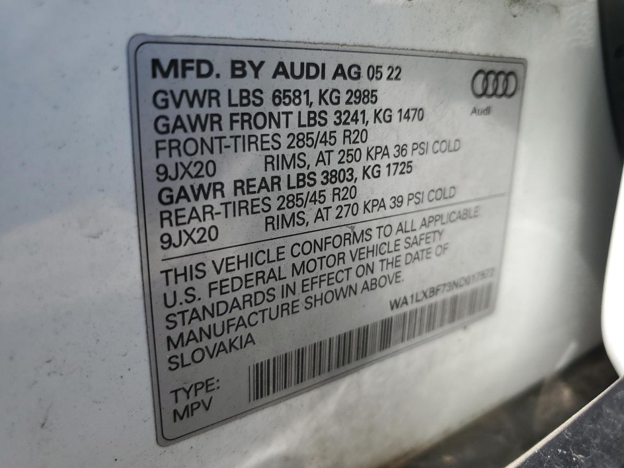 2022 AUDI Q7 PREMIUM PLUS VIN:WA1LXBF73ND017572