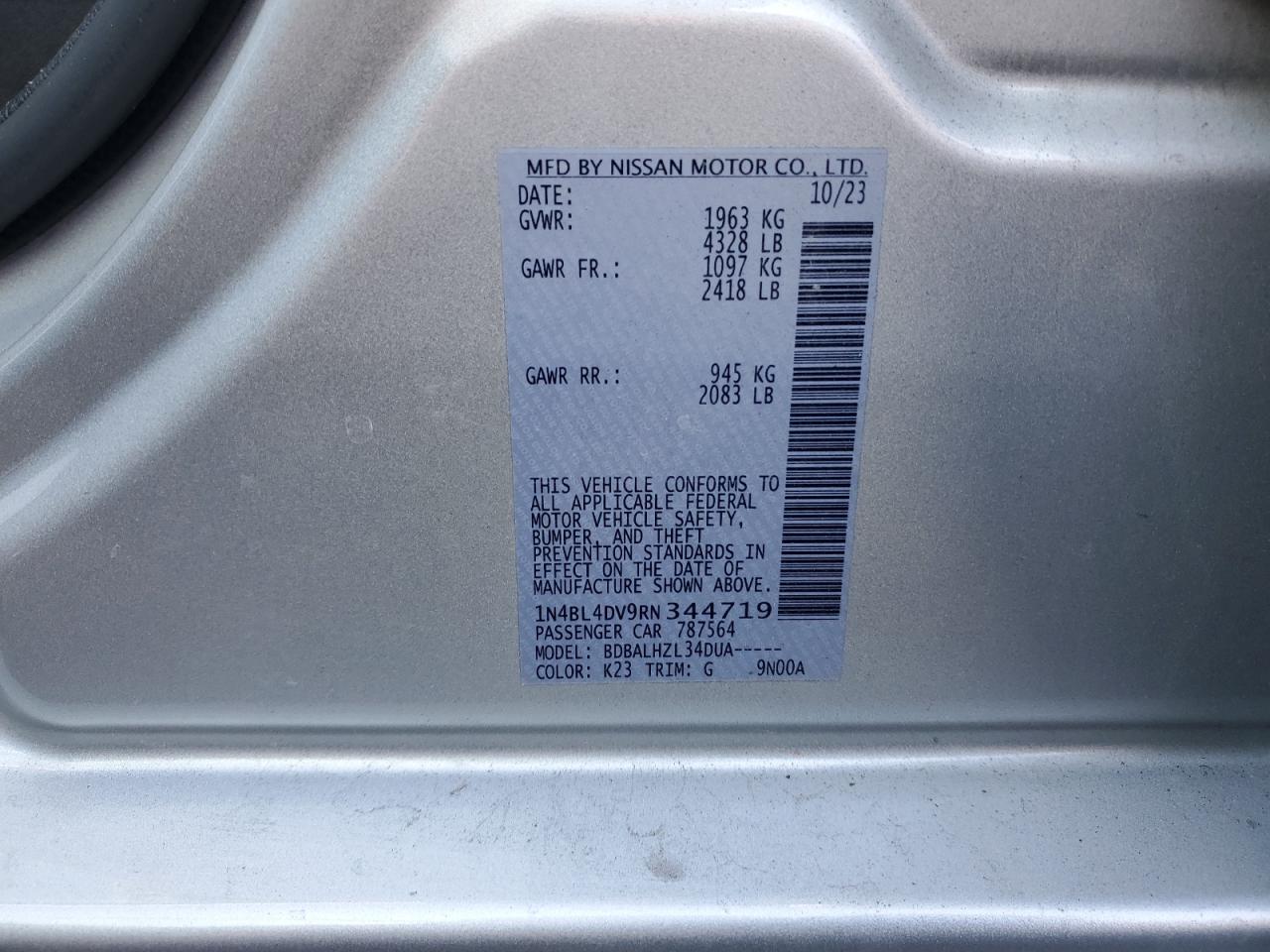 2024 NISSAN ALTIMA SV VIN:1N4BL4DV9RN344719