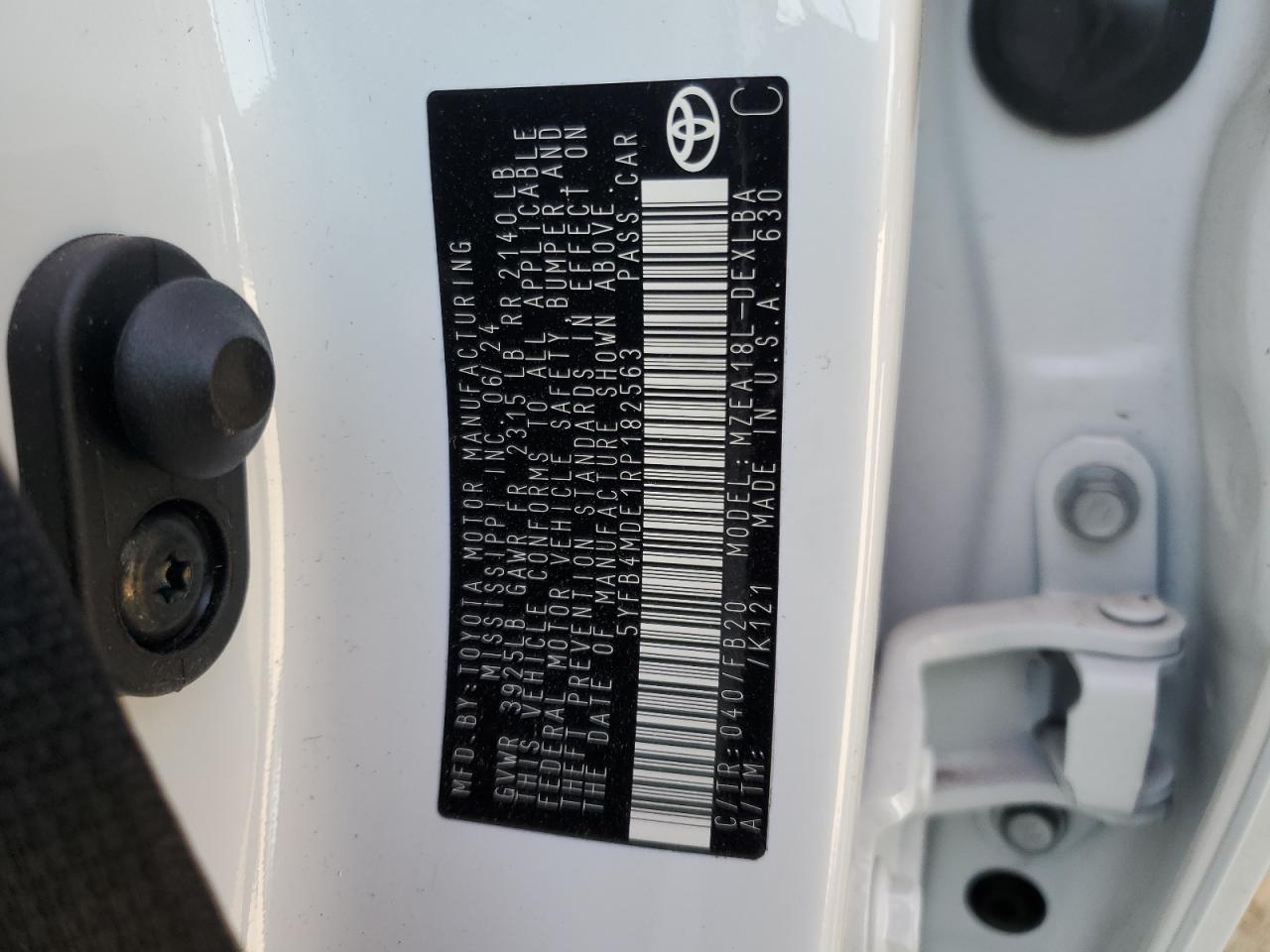 2024 TOYOTA COROLLA LE VIN:5YFB4MDE1RP182563