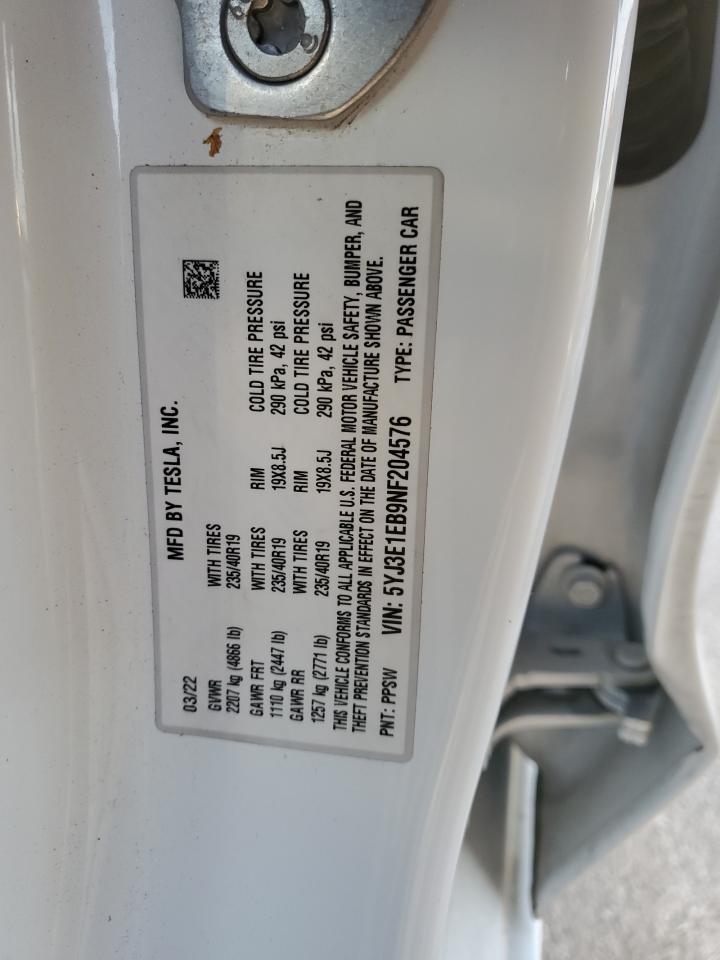 2022 TESLA MODEL 3  VIN:5YJ3E1EB9NF204576