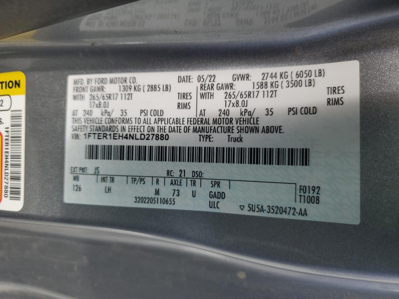 2022 FORD RANGER XL VIN:1FTER1EH4NLD27880