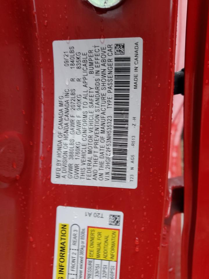 2022 HONDA CIVIC SPORT VIN:2HGFE2F53NH535323