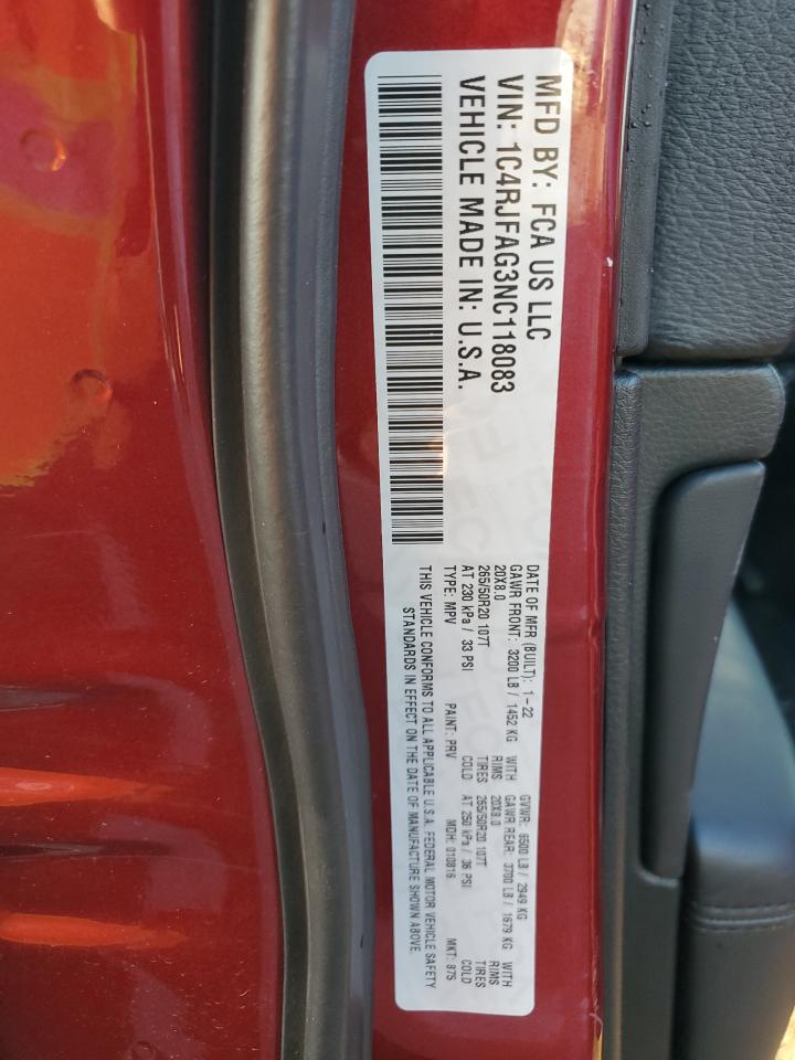 2022 JEEP GRAND CHEROKEE LAREDO E VIN:1C4RJFAG3NC118083