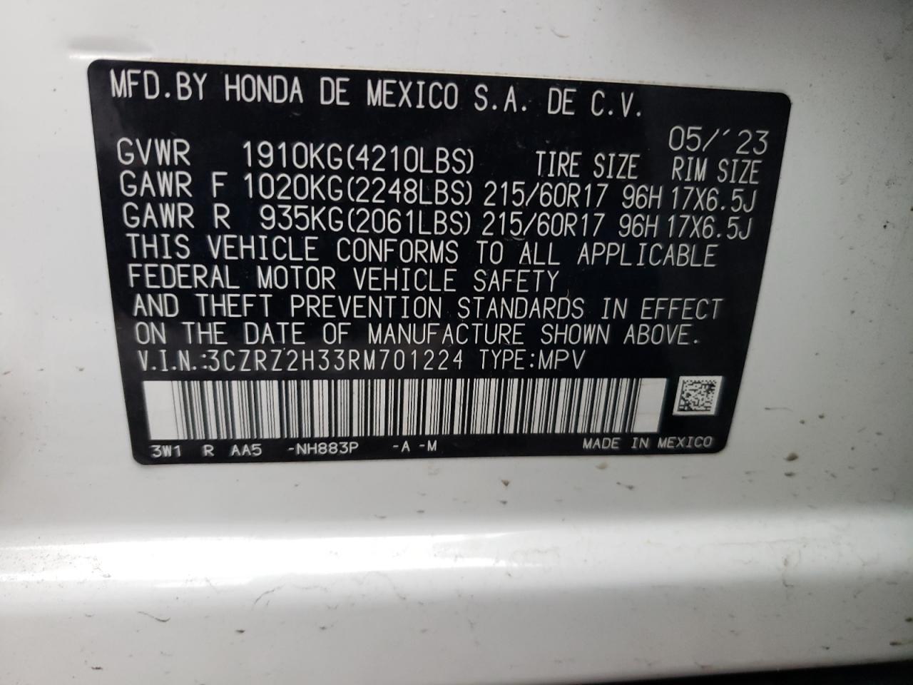 2024 HONDA HR-V LX VIN:3CZRZ2H33RM701224