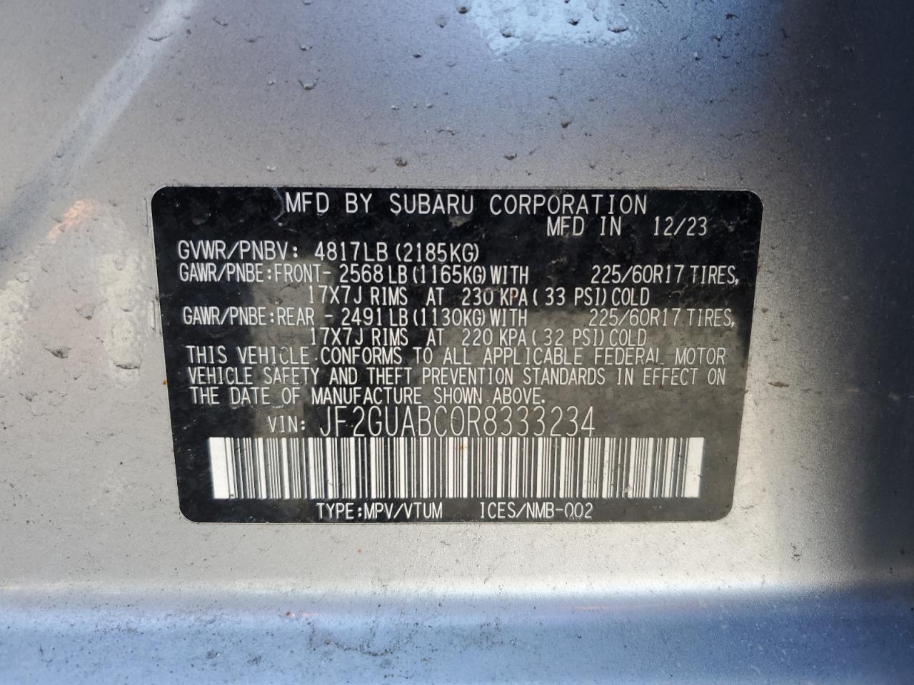 2024 SUBARU CROSSTREK  VIN:JF2GUABC0R8333234