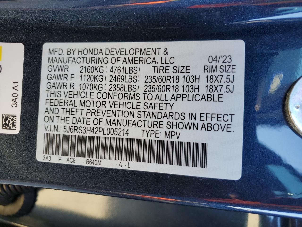 2023 HONDA CR-V EX VIN:5J6RS3H42PL005214