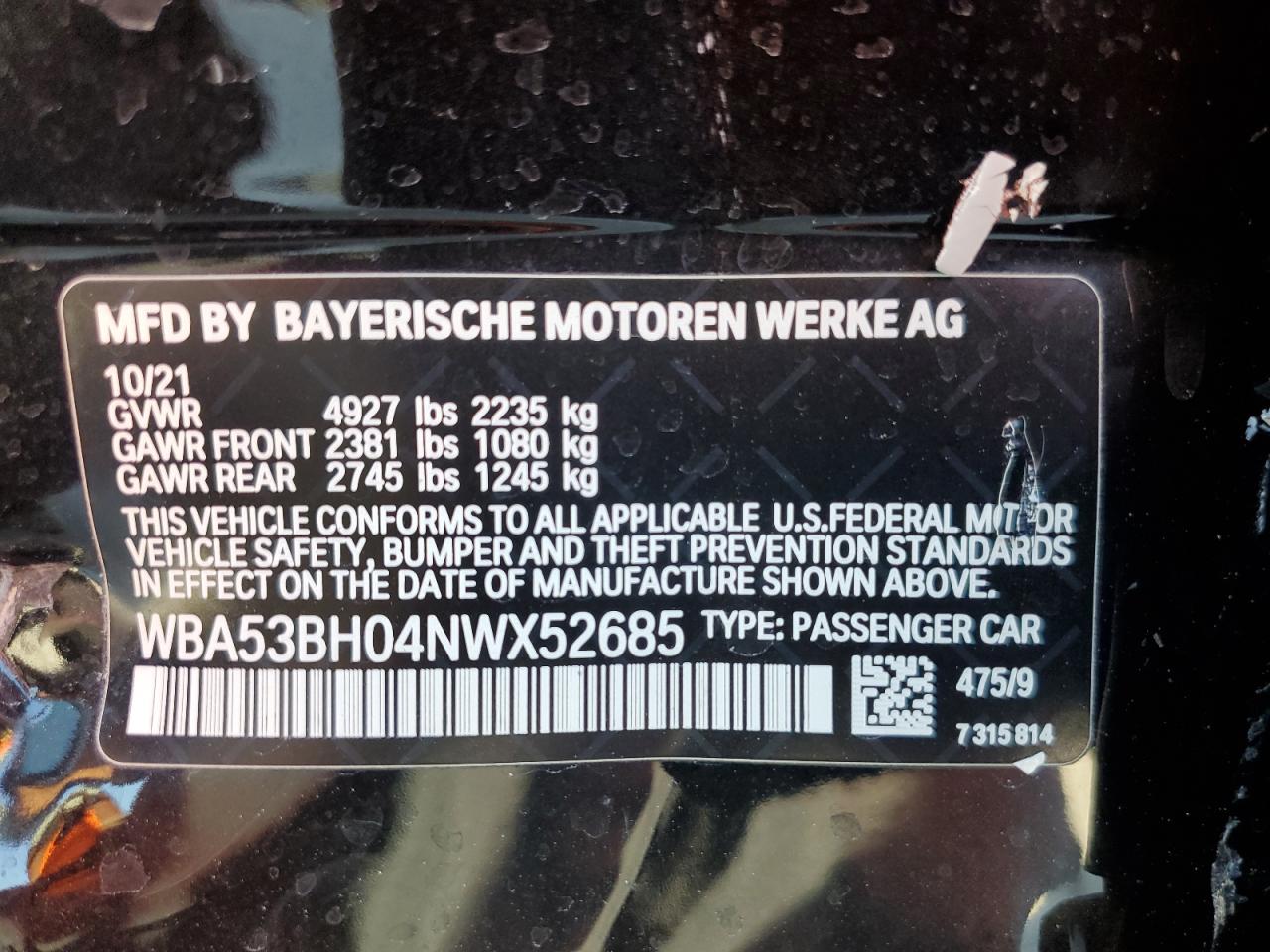 2022 BMW 530 I VIN:WBA53BH04NWX52685