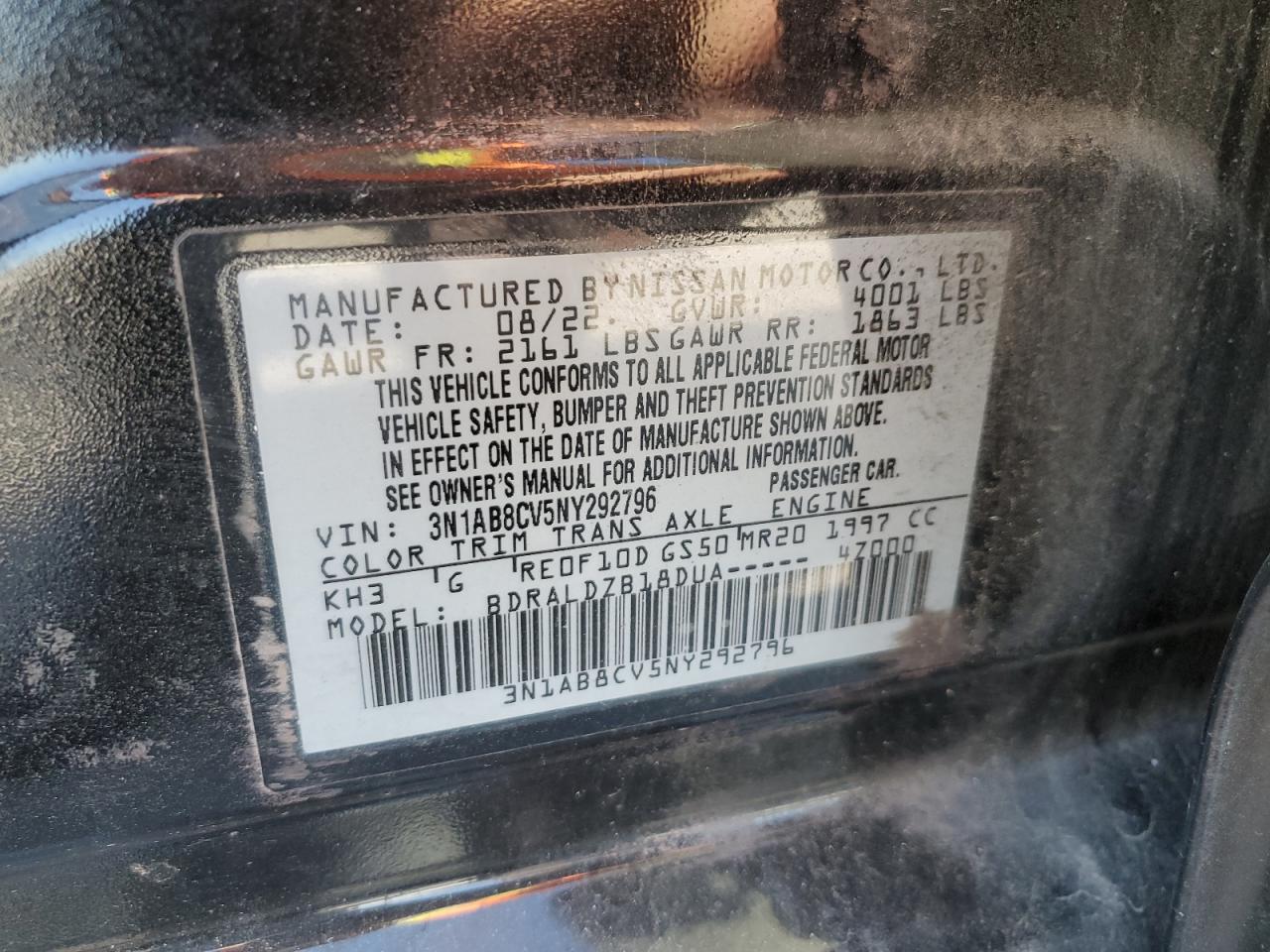 2022 NISSAN SENTRA SV VIN:3N1AB8CV5NY292796