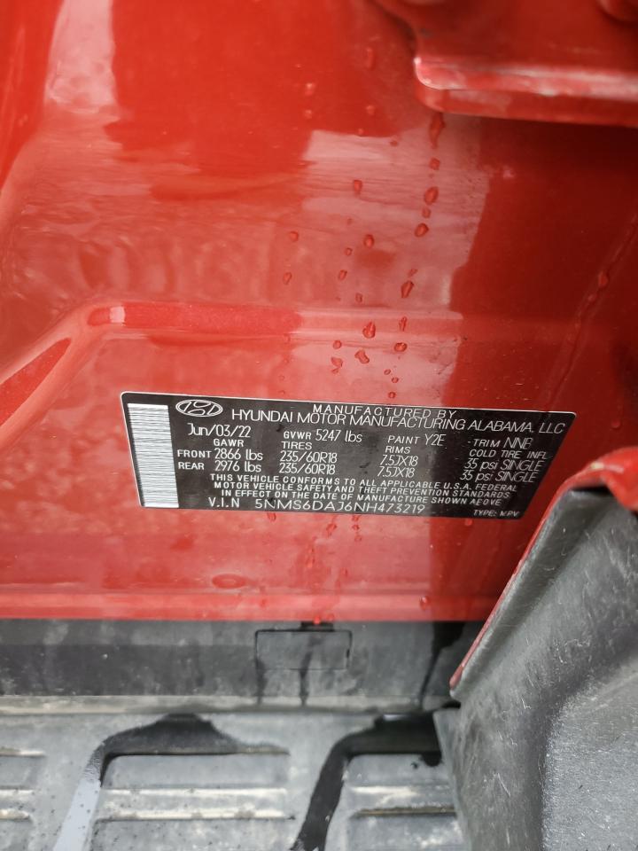 2022 HYUNDAI SANTA FE SEL VIN:5NMS6DAJ6NH473219