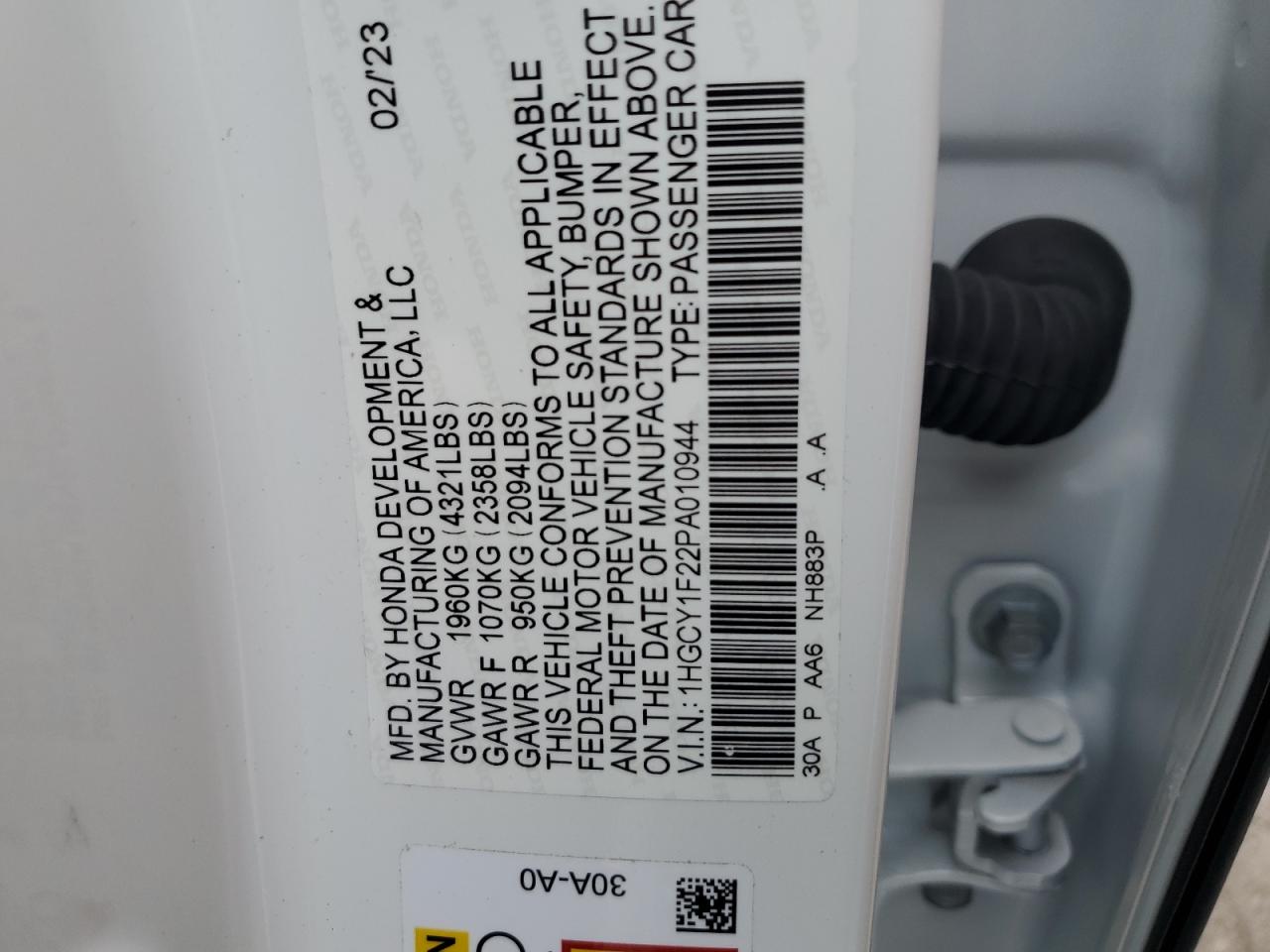 2023 HONDA ACCORD LX VIN:1HGCY1F22PA010944