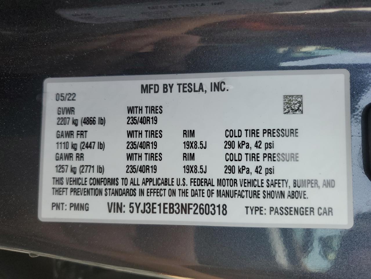 2022 TESLA MODEL 3  VIN:5YJ3E1EB3NF260318