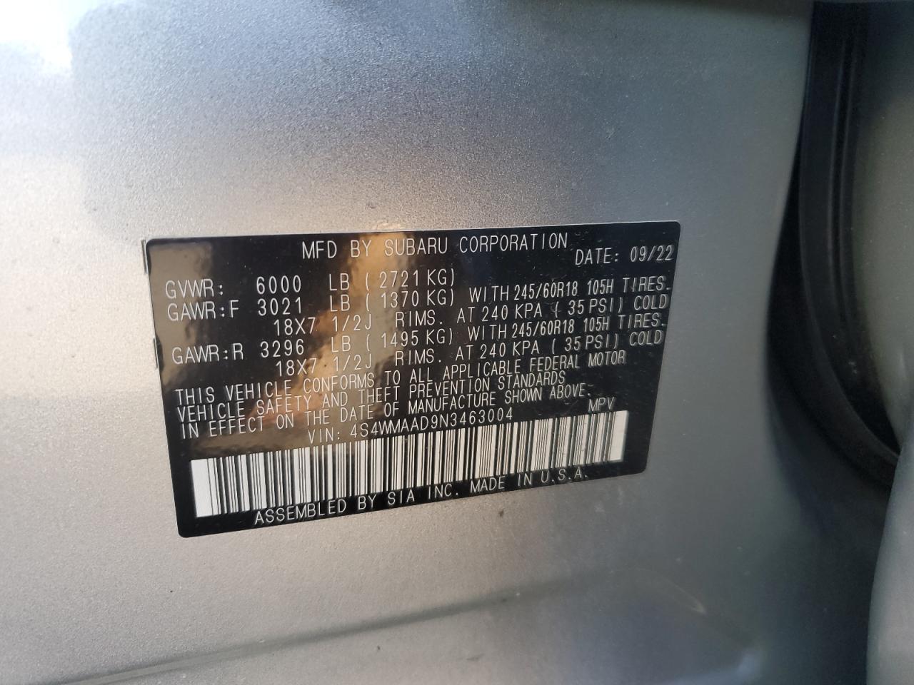 2022 SUBARU ASCENT  VIN:4S4WMAAD9N3463004