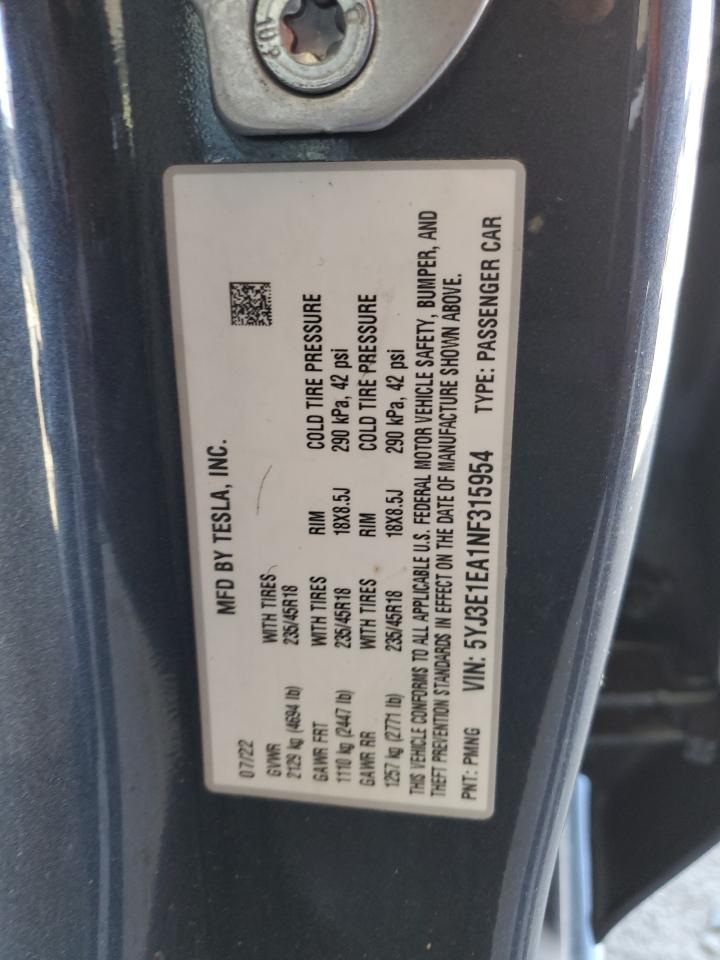 2022 TESLA MODEL 3  VIN:5YJ3E1EA1NF315954