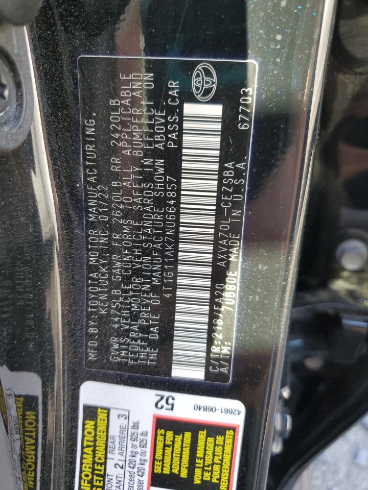 2022 TOYOTA CAMRY SE VIN:4T1G11AK7NU664857