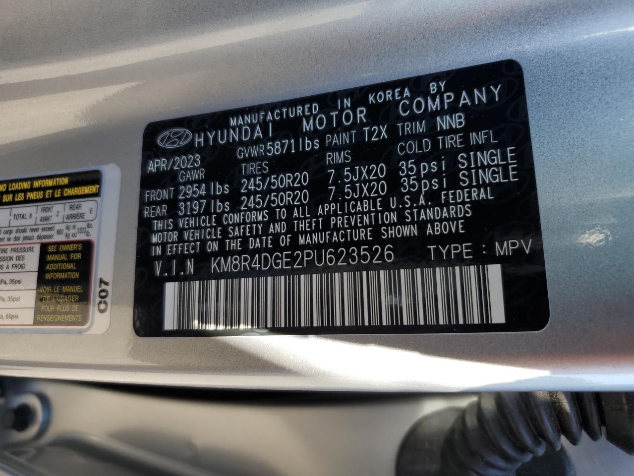 2023 HYUNDAI PALISADE SEL PREMIUM VIN:KM8R4DGE2PU623526