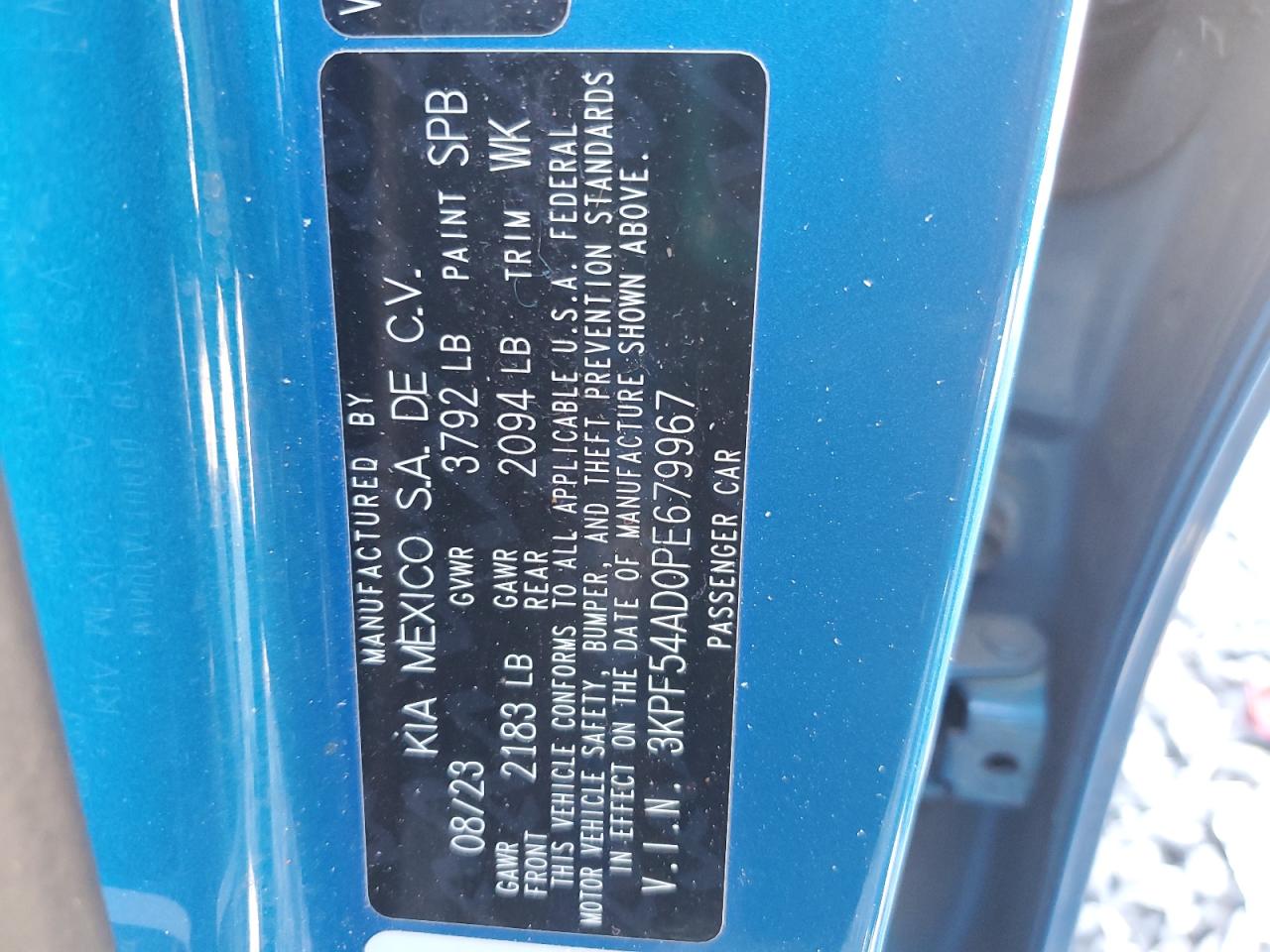 2023 KIA FORTE GT LINE VIN:3KPF54AD0PE679967