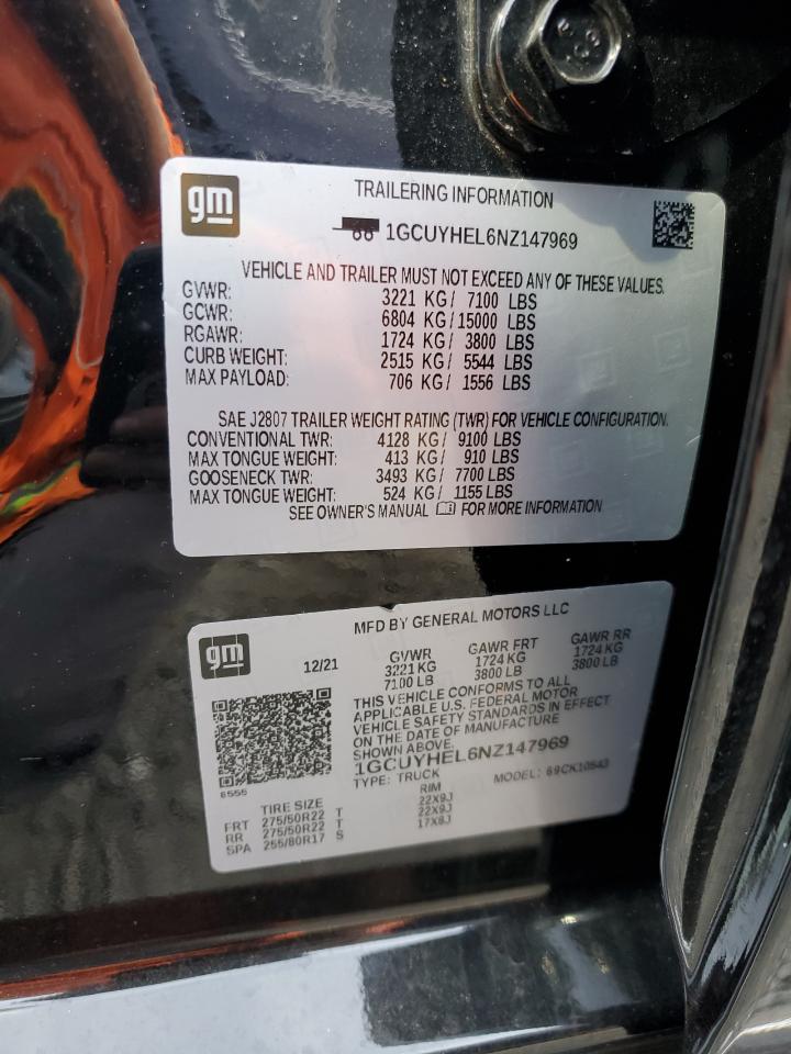 2022 CHEVROLET SILVERADO LTD K1500 HIGH COUNTRY VIN:1GCUYHEL6NZ147969