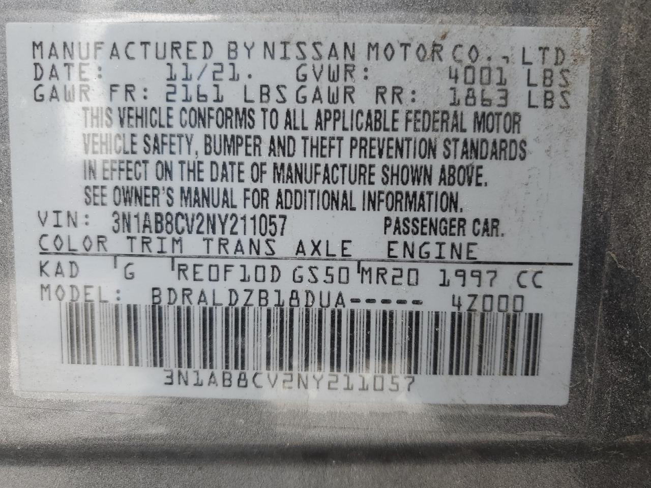 2022 NISSAN SENTRA SV VIN:3N1AB8CV2NY211057