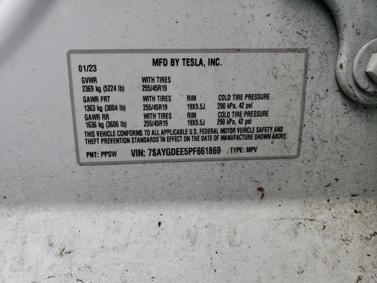 2023 TESLA MODEL Y  VIN:7SAYGDEE5PF661869