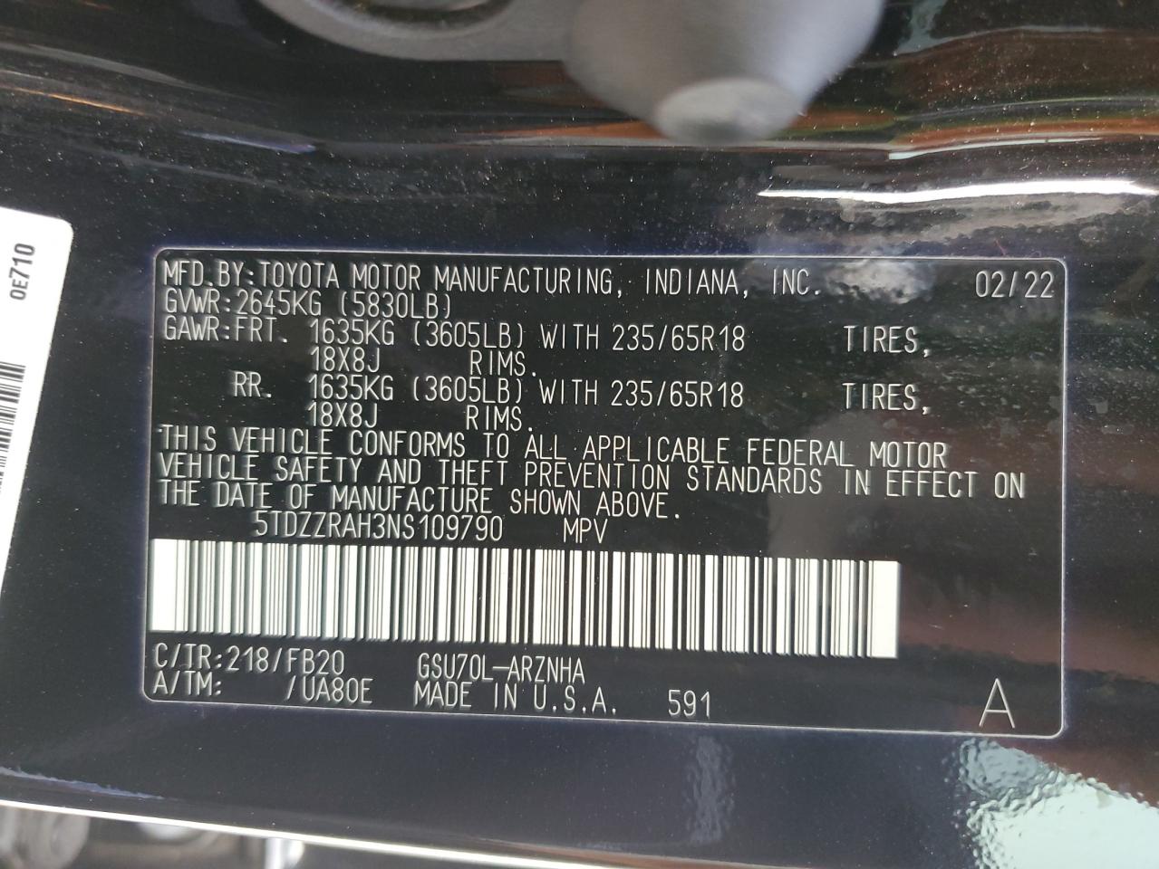 2022 TOYOTA HIGHLANDER L VIN:5TDZZRAH3NS109790