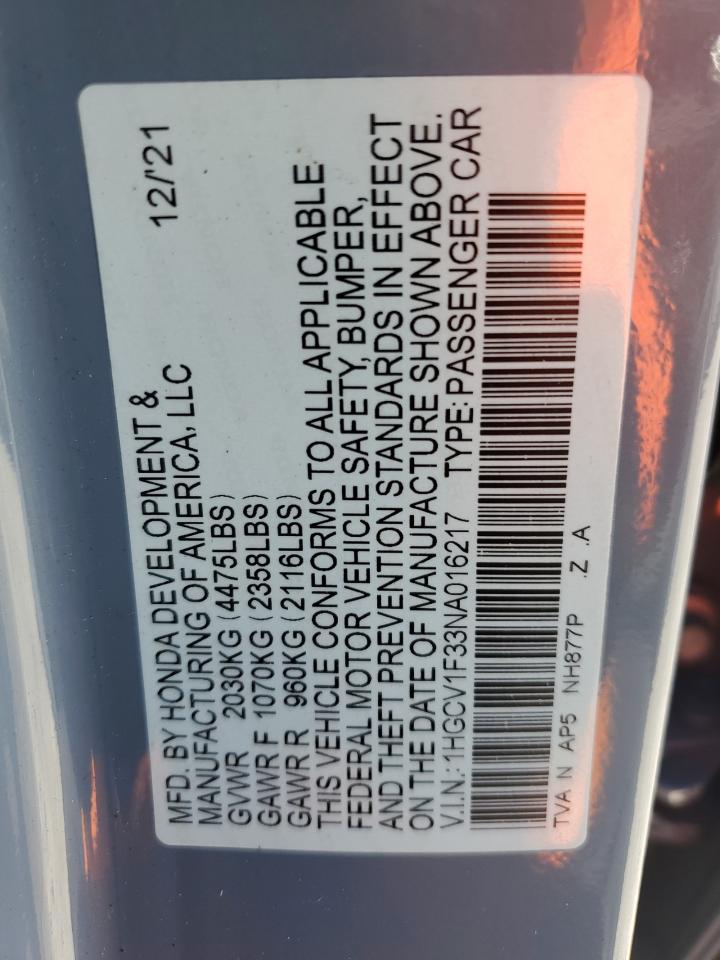 2022 HONDA ACCORD SPORT VIN:1HGCV1F33NA016217