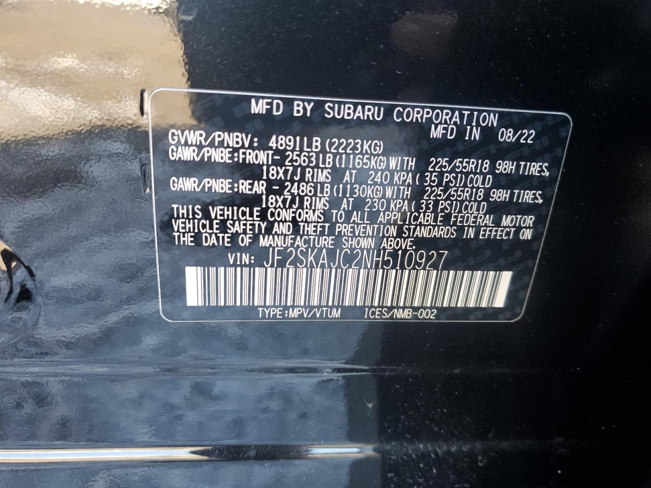 2022 SUBARU FORESTER SPORT VIN:JF2SKAJC2NH510927