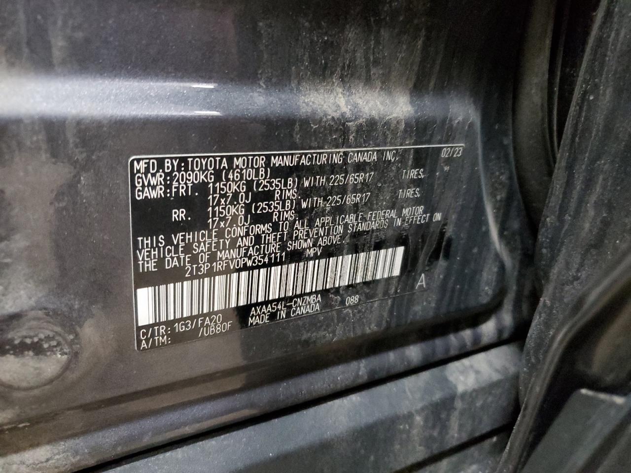 2023 TOYOTA RAV4 XLE VIN:2T3P1RFV0PW354111