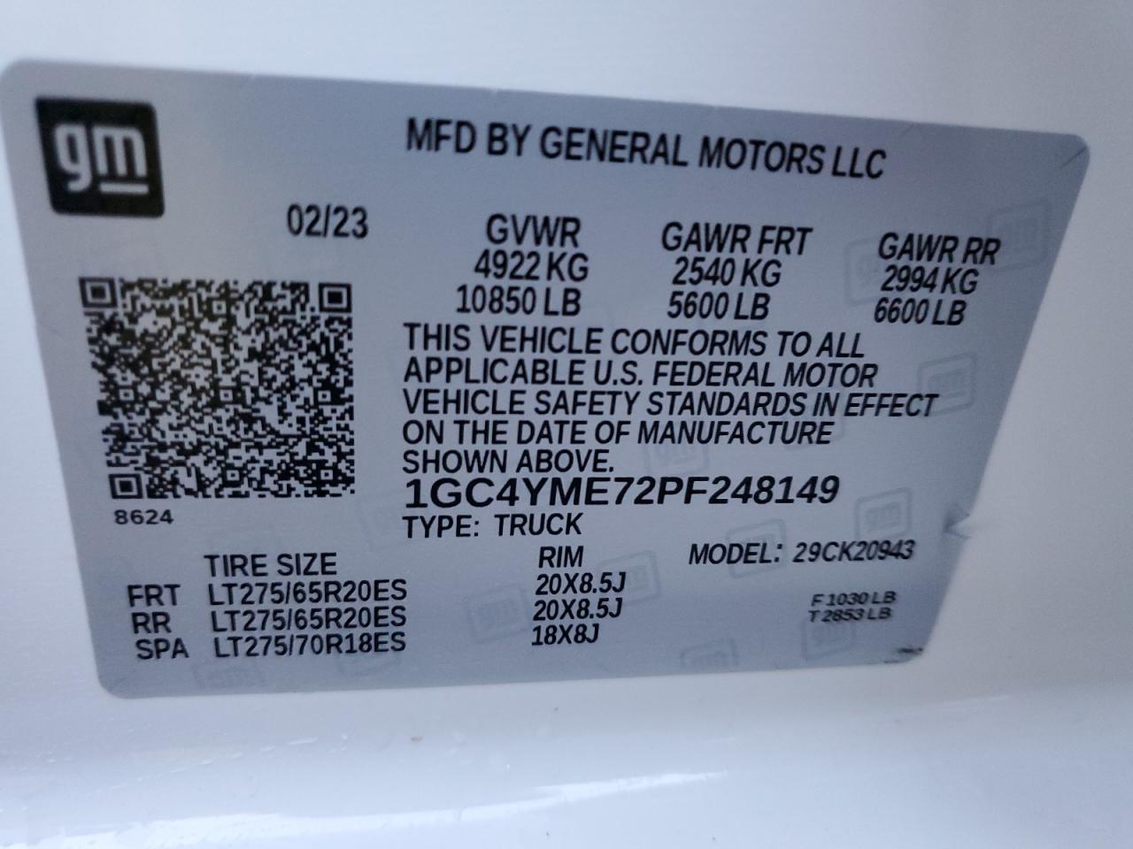 2023 CHEVROLET SILVERADO K2500 CUSTOM VIN:1GC4YME72PF248149