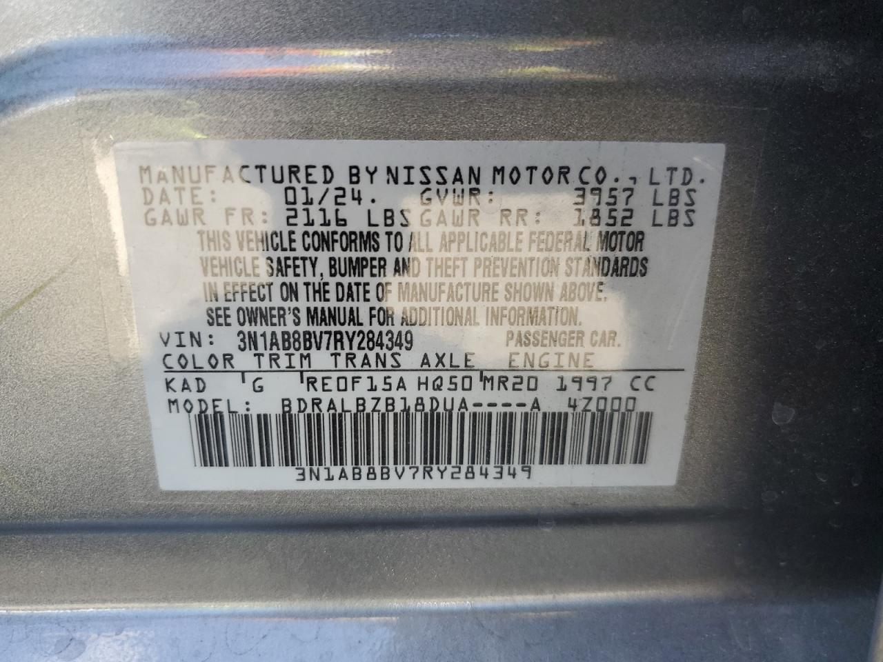 2024 NISSAN SENTRA S VIN:3N1AB8BV7RY284349