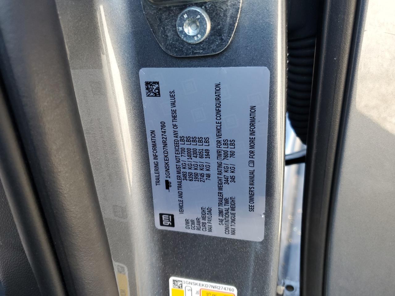 2022 CHEVROLET SUBURBAN K1500 RST VIN:1GNSKEKD7NR274760