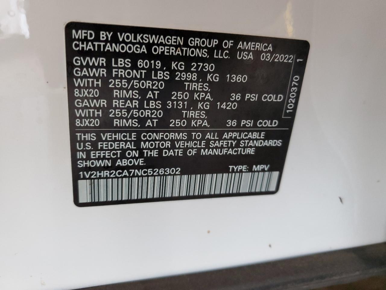 2022 VOLKSWAGEN ATLAS SE VIN:1V2HR2CA7NC526302