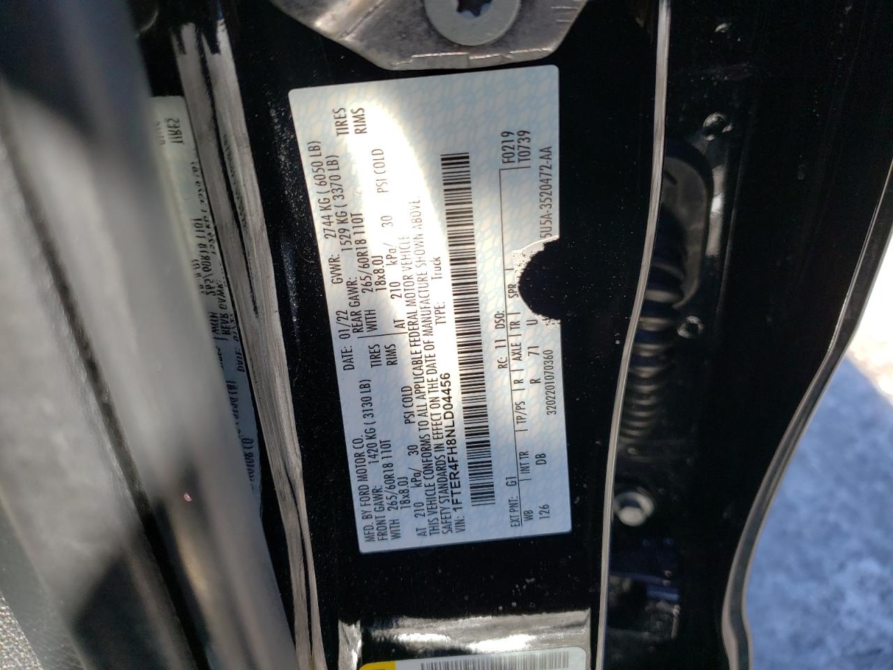 2022 FORD RANGER XL VIN:1FTER4FH8NLD04456
